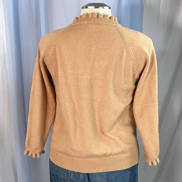 Soft tan ruffle neckline and cuffs tight knit pullover sweater neutral L - Picture 3 of 10